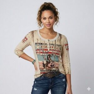 Vanilla Sugar Rodeo Cowgirl Top‎ Womens PM Tan Y2K Western Rhinestone Henley